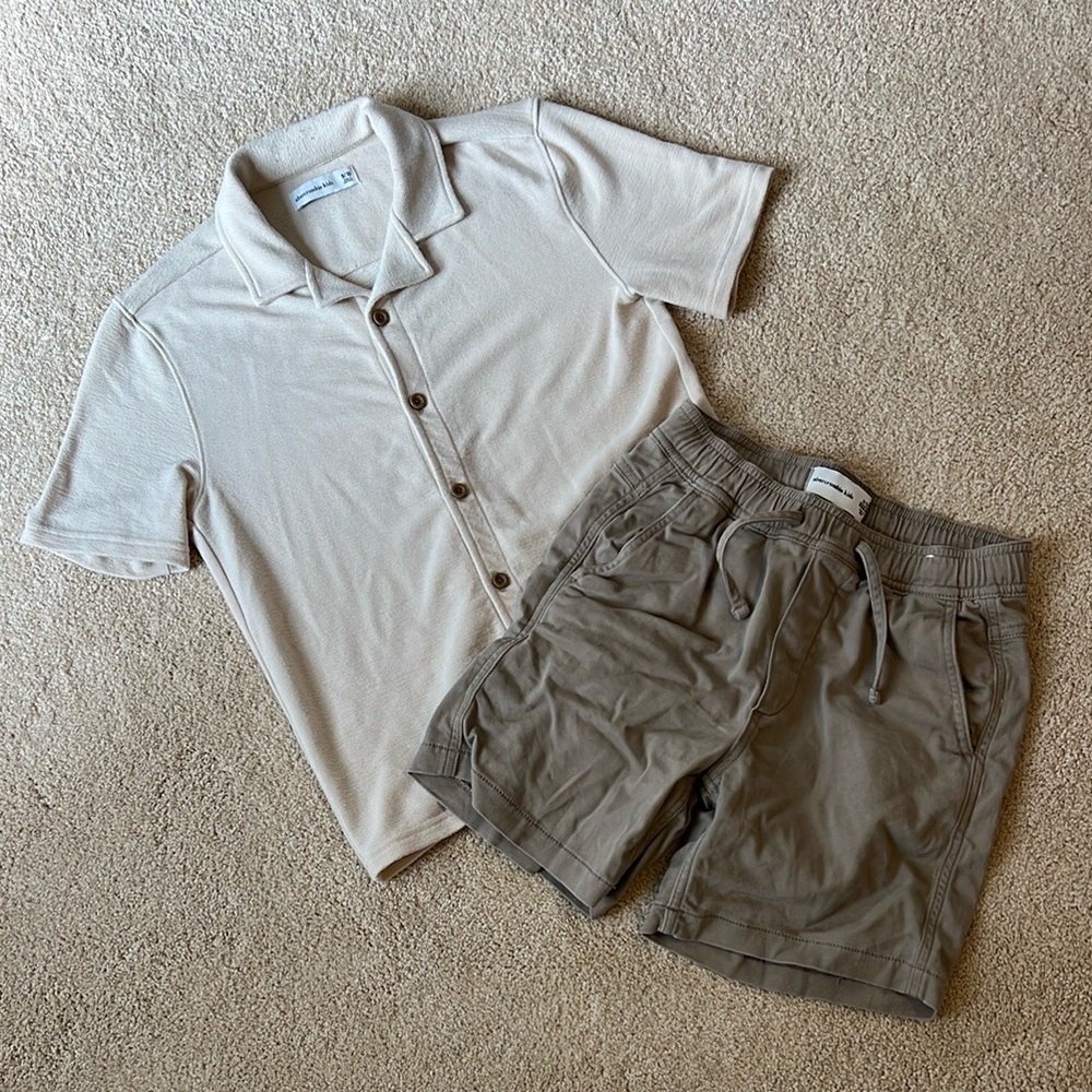 Beige Button-Up Shirt and Khaki Shorts Set